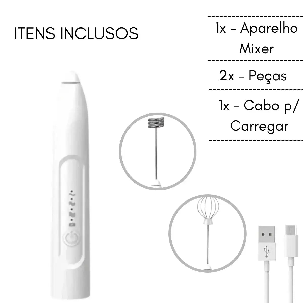 Mini Mixer Elétrico e os acessórios que acompanham o kit