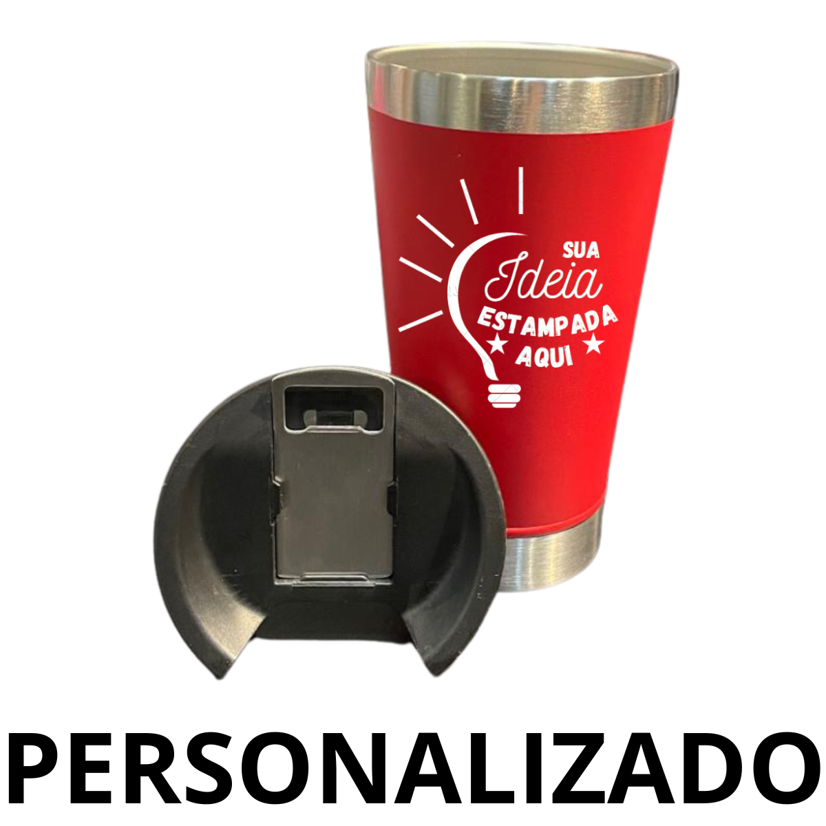 Personalizado - Copo Térmico Inox com TAMPA e ABRIDOR (473 ml) - Vermelho
