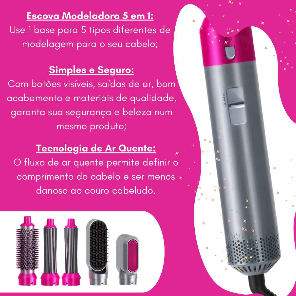 PREMIUM Rosa c/ Prata - Escova 5 em 1 Multiuso 220V - Seca, Modela, Alisa e Penteia
