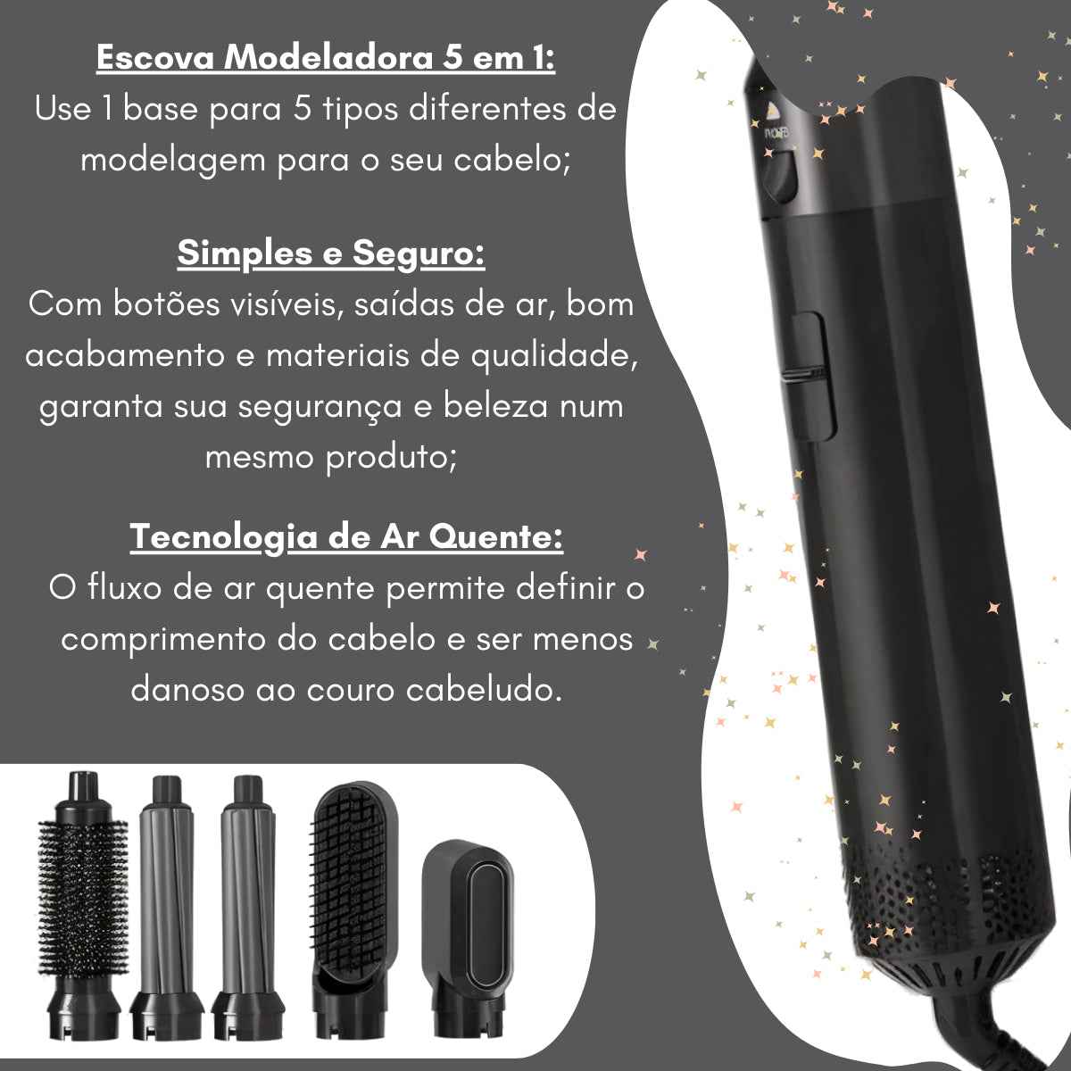 PREMIUM Cinza c/ Preto - Escova 5 em 1 Multiuso 220V - Seca, Modela, Alisa e Penteia