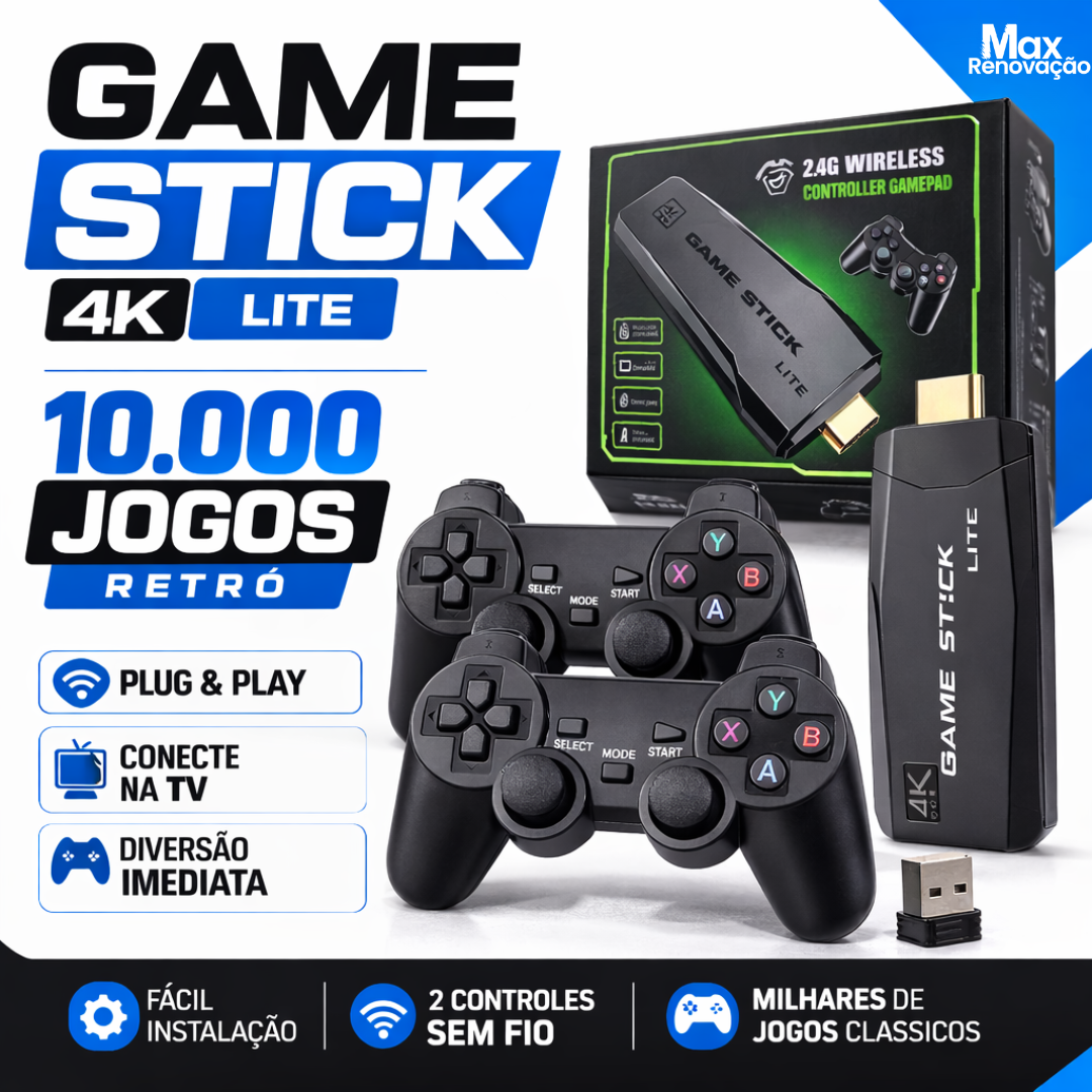 Game Stick 4K Retrô 2 Controles s/ Fio e 10 mil Jogos