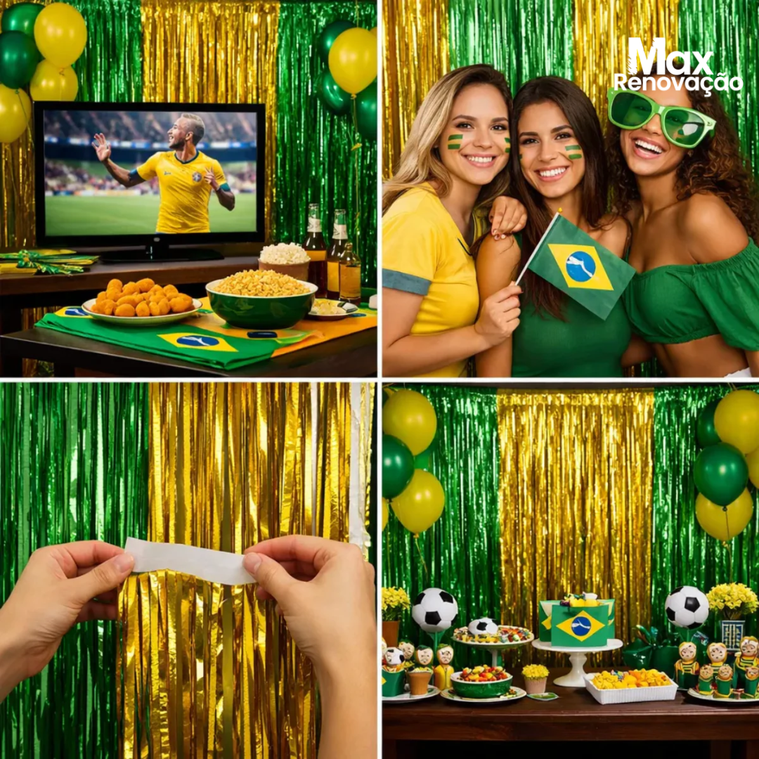 Cortina Metalizada Franja Verde e Dourada Max Renovação