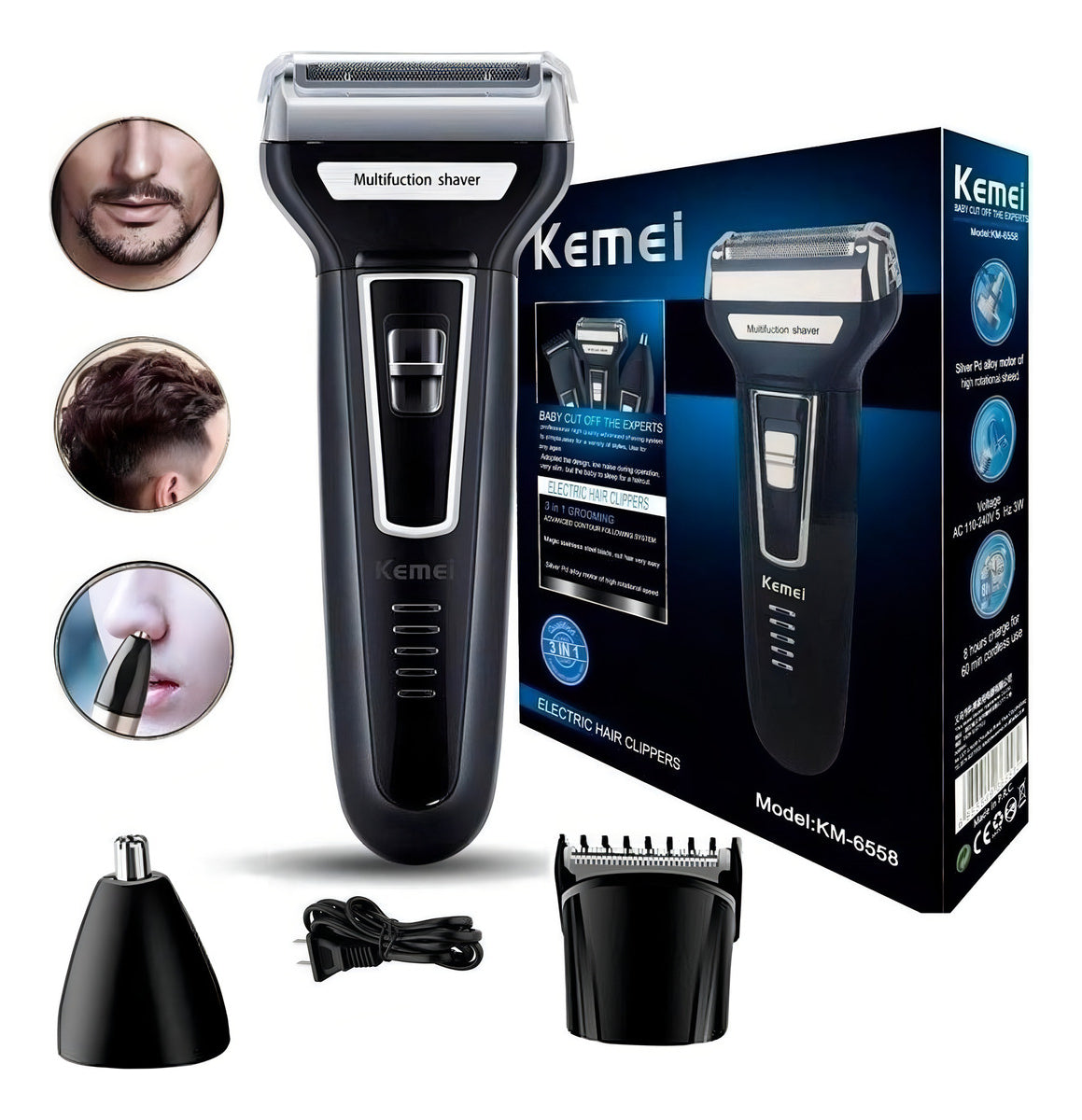 Máquina De Barbear 3 Em 1 Barbeador Elétrico Shaver Aparador De Pelos Do Nariz E Orelhas Recarregável Usb Cor Preto E Azul