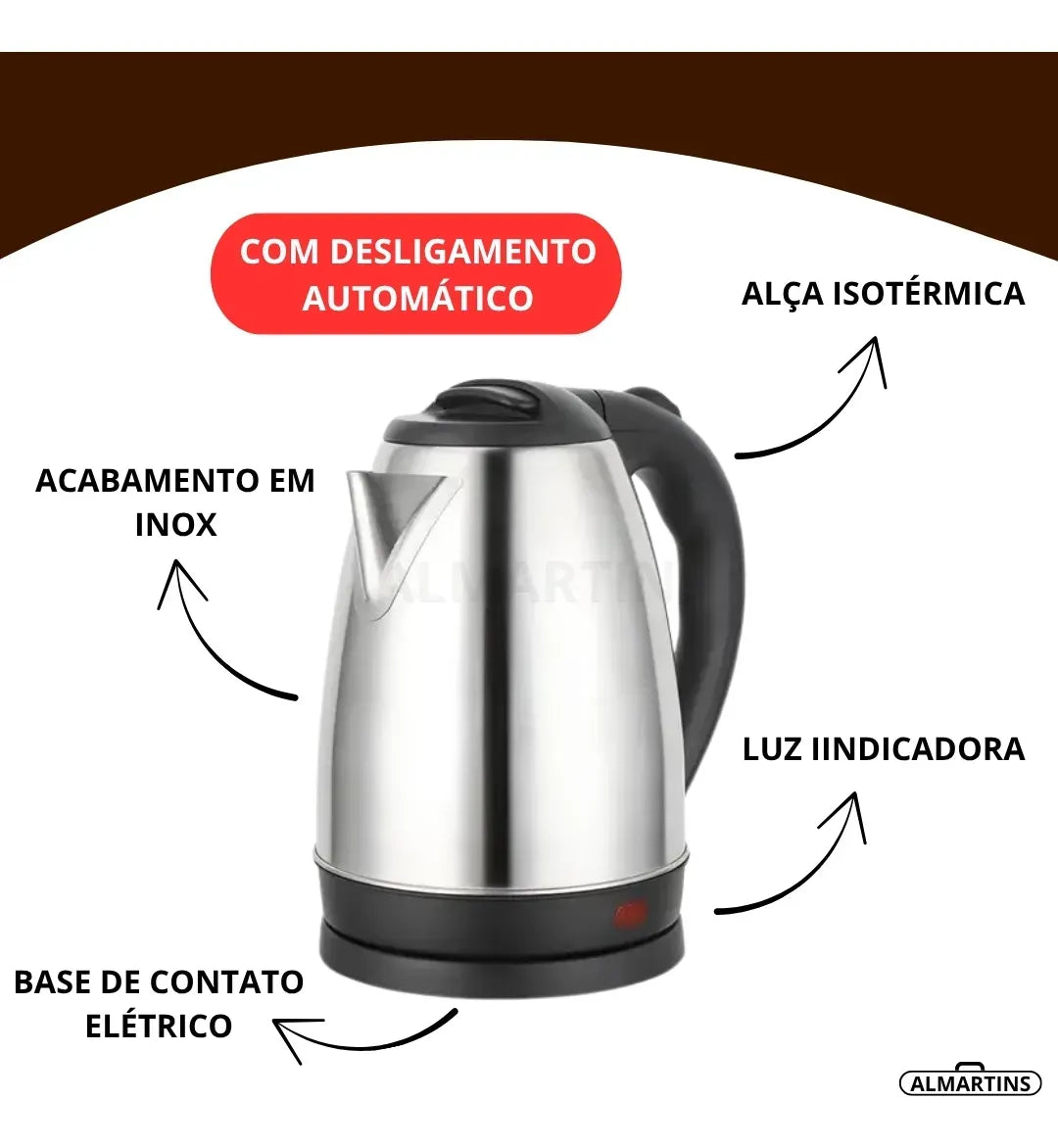 Chaleira Eletrica 1,8 Litros em Inox com Trava de Segurança e Desligamento Automático 127v