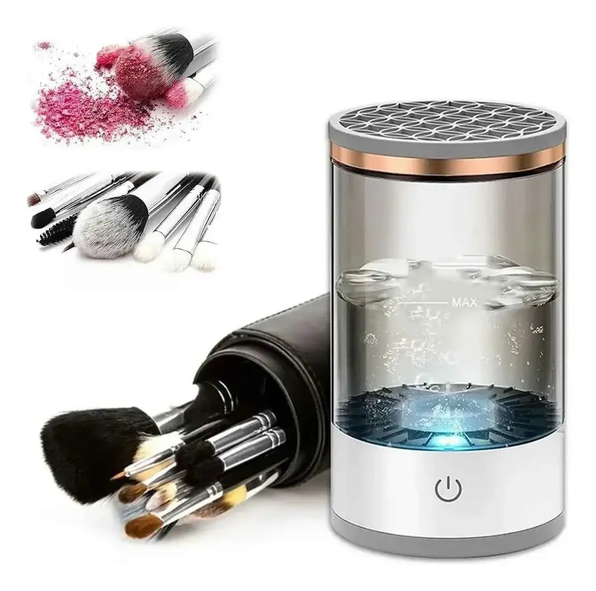 Lavador de Pincéis Maquiagem Automático em ação, limpando um pincel