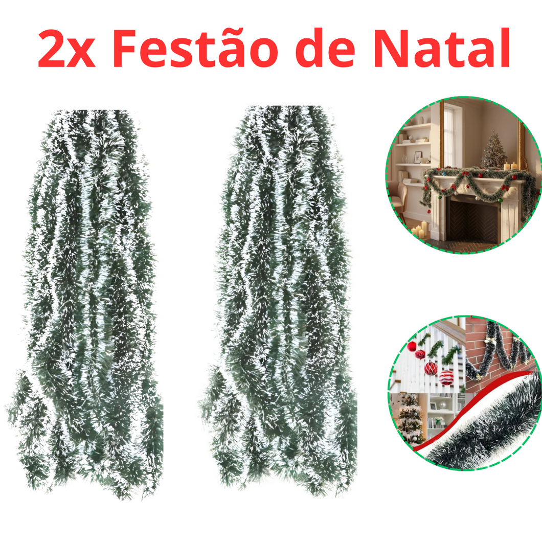 Conjunto 2 Festão de Natal c/ Ponta Branca Nevado Longo 2 metros Enfeite Natal - F048