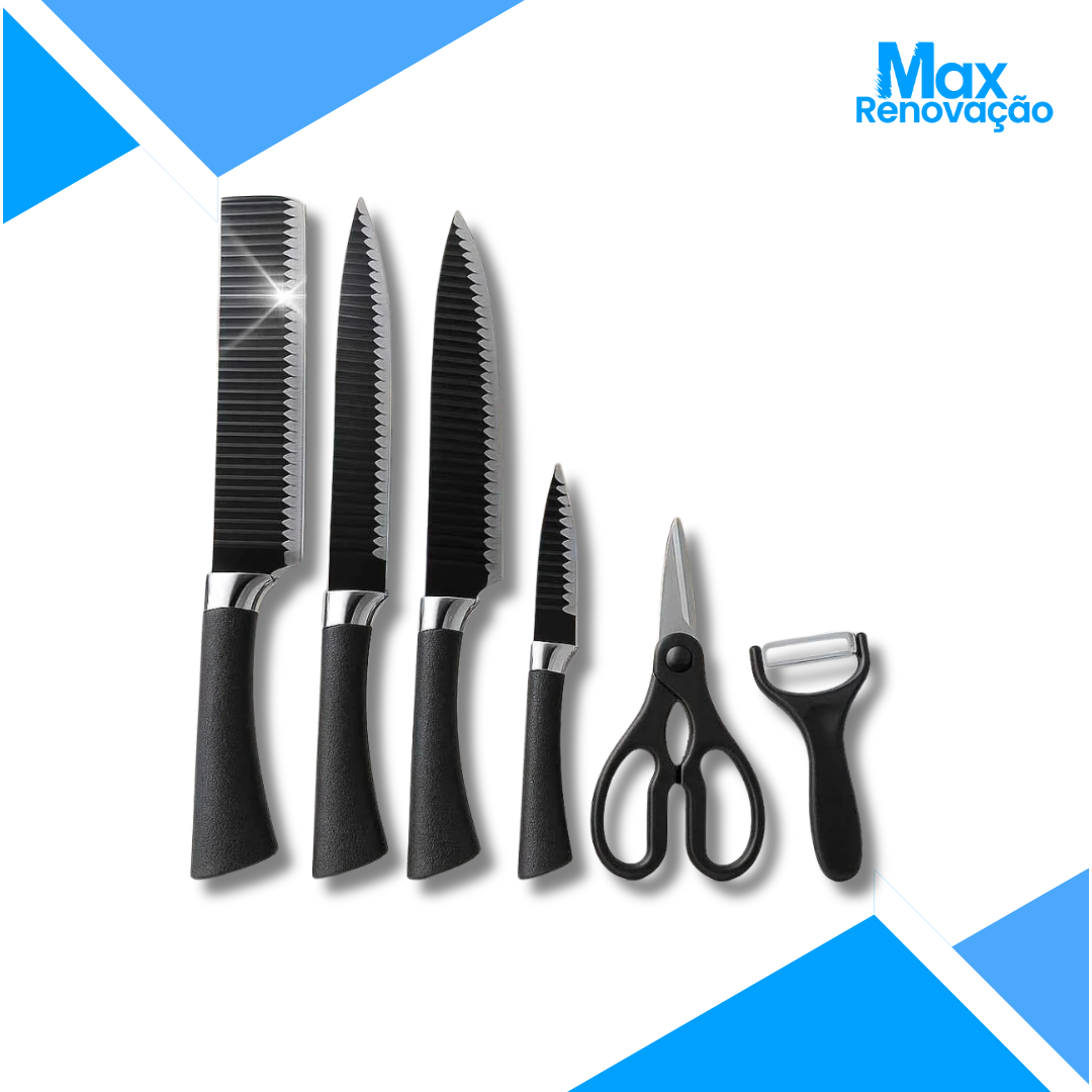 Jogo de Facas Inox Preto 6 Peças para Churrasco - Corte Preciso e Elegante