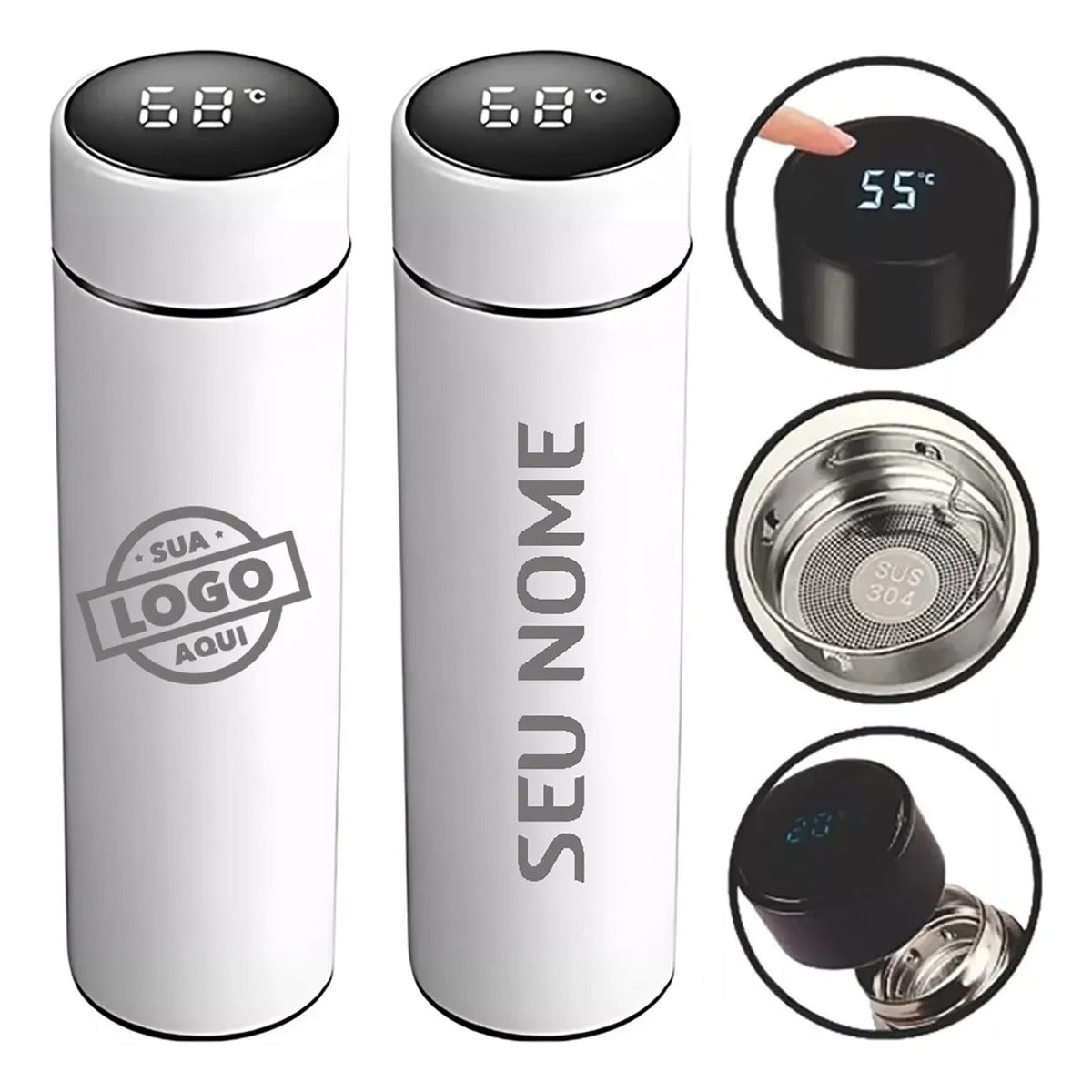 Garrafa Térmica Digital Branca Personalizada Max Renovação