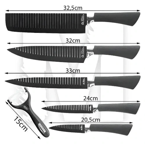 Todas as peças do kit de facas com suas respectivas medidas em centímetros
